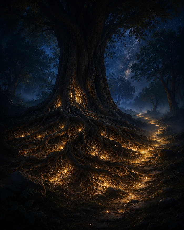 Raíces iluminadas bajo el cielo nocturno