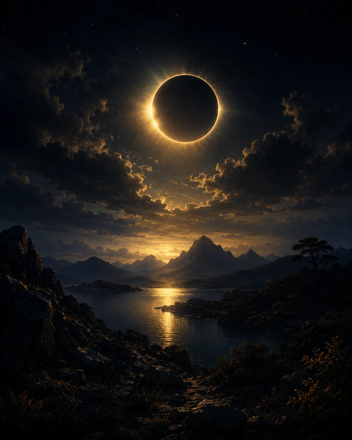 Eclipse dorado sobre un paisaje de montaña